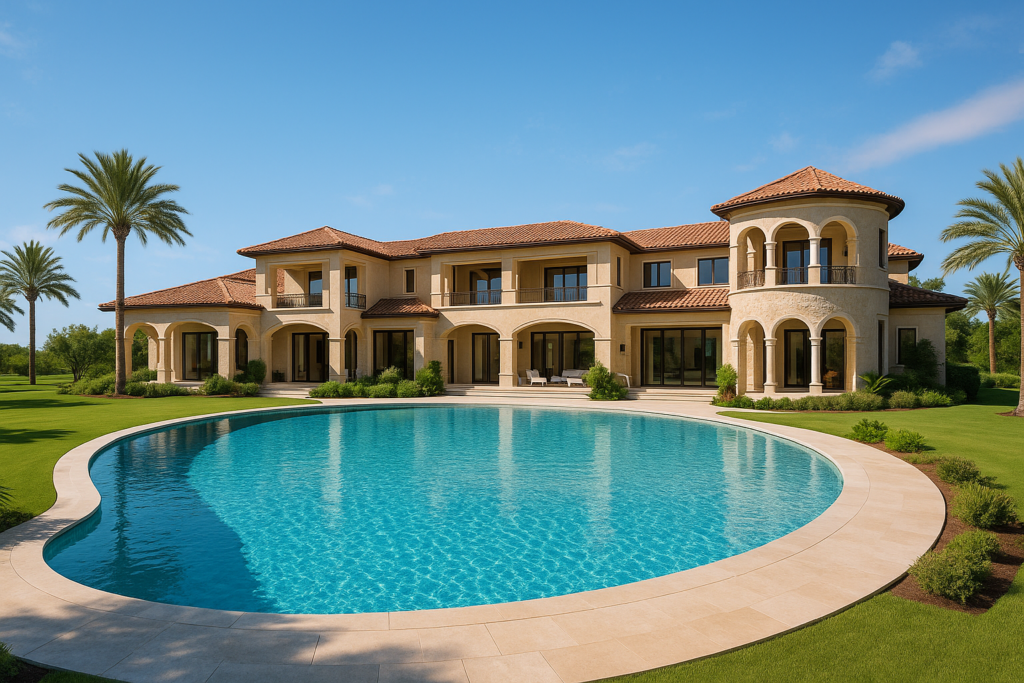 Ultra-luxury modern mansion with a massive curved infinity pool, 12000 square meters of land, architectural masterpiece, sunny day, Mediterranean style architecture, high-end photography, 8k resolution.