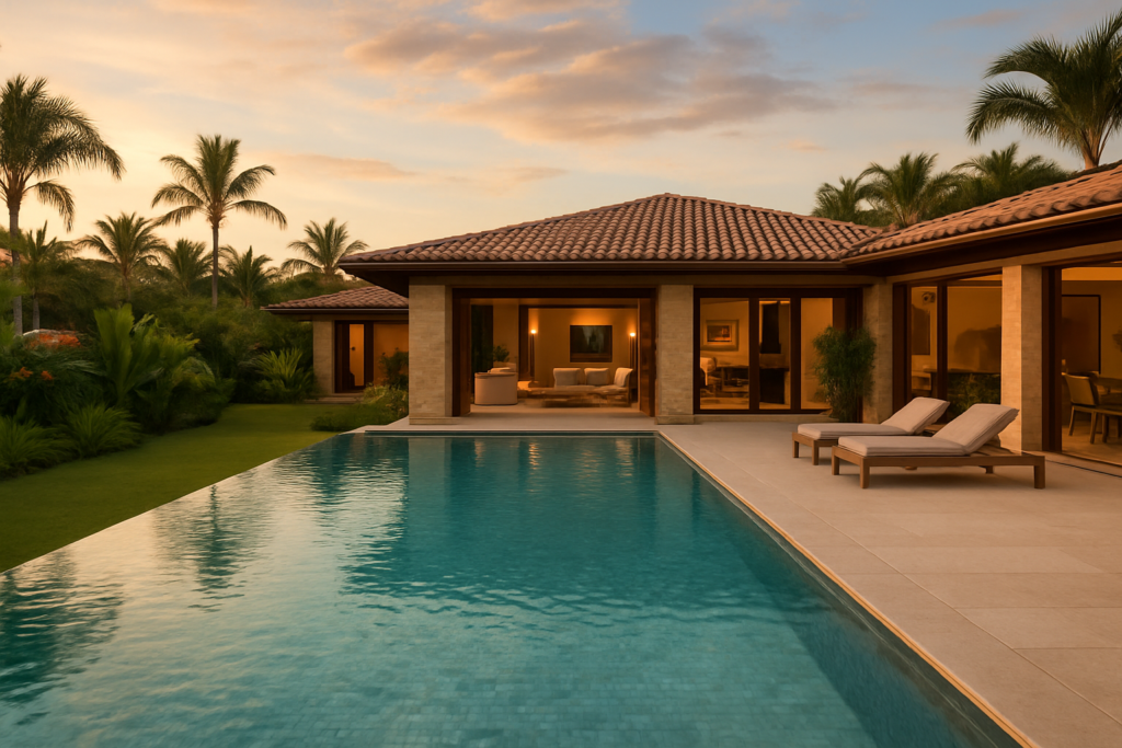 Uma foto de alta qualidade, ângulo aberto, mostrando uma piscina cristalina de uma mansão de luxo em Búzios, ao entardecer, com vegetação tropical ao fundo, luz suave, estilo editorial de revista de arquitetura.