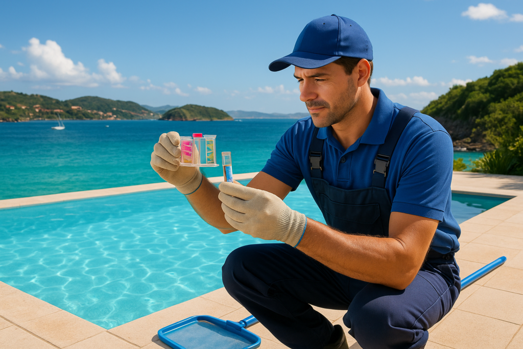 Professional pool maintenance in Búzios, Brazil, showing a technician testing clear water with a beautiful coastal landscape in the background, bright sunny day, high resolution, realistic style.