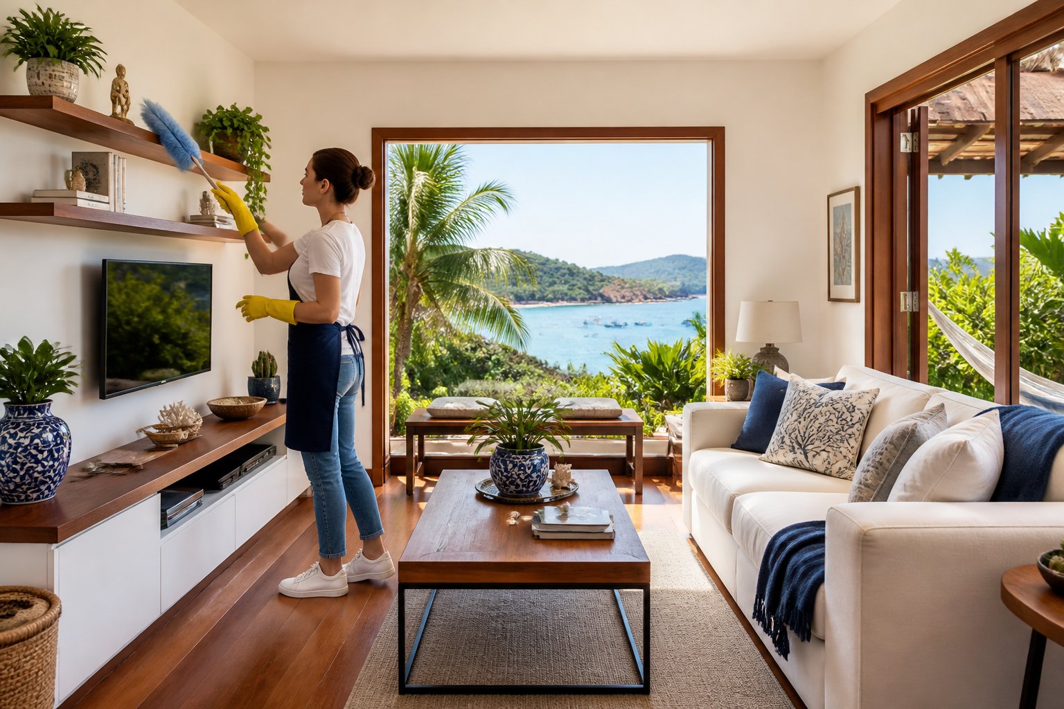 Sala de estar residencial limpa e bem iluminada com vista para o mar, mostrando uma pessoa limpando uma prateleira.